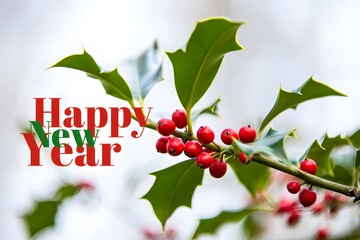 Happy new year greeting with holly and red berries