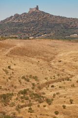 Picturesque medieval castle in Puebla de Alcocer. Badajoz, Extremadura. Spain