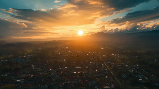 Sun setting over mountain town with golden light
