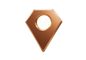Shiny bronze map pointer PNG isolated on transparent background, location pin icon for navigation and travel apps