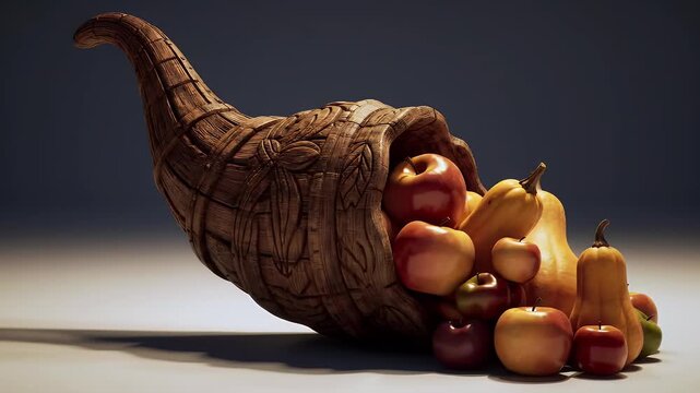 Autumn harvest cornucopia overflowing with fresh fruits and seasonal vegetables, symbolizing Thanksgiving abundance and gratitude.