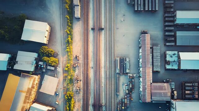 Aerial top view parallel railway tracks industrial zone at sunset