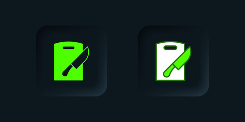 Green Cutting board and knife icon isolated on black background. Chopping Board symbol. Cutlery symbol. Black square button. Vector