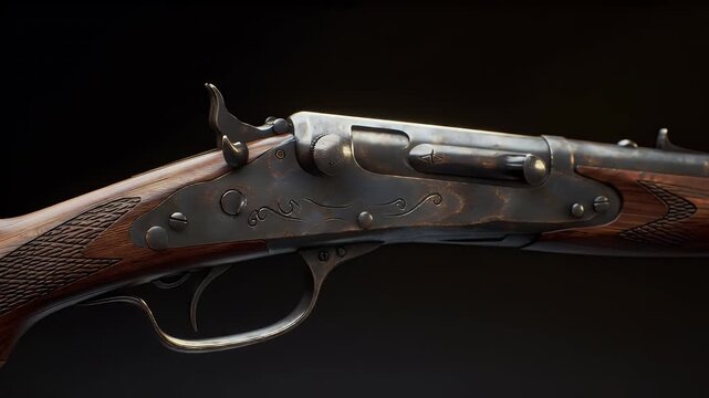 Historic antique rifle close-up with detailed wooden stock and aged metal, vintage firearm, American frontier hunting weapon concept