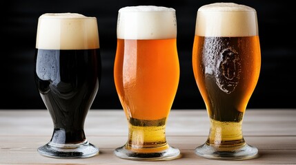 Three Glasses of Different Beers: Dark Stout, Amber Ale, and Light Lager, Close-Up View, Culinary Still Life, Black Background