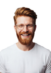 Obraz premium Young caucasian man, ginger hair, red beard, clear glasses, smiling broadly at camera, light grey studio background, copy space, concept of happiness and optimism