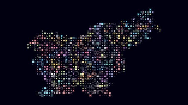 Slovenia animated country shape. Pulsating colored dots on the map of the country. Small size square blocks. Digital style Slovenia map on dark background. Plain animation video.