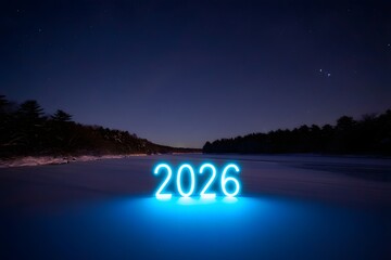 Glowing 2026 lights on dark lake at night sky