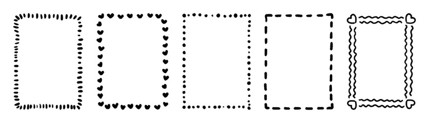 Bold hand drawn frames set with dotted, dashed, heart outlines, squiggly curls, romantic whimsical sketch borders for wedding invitations, greeting cards, valentine prints, minimalist vector elements