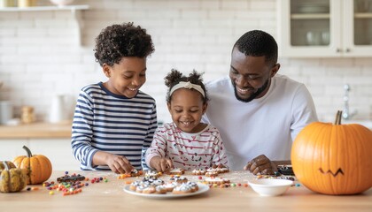 Fototapeta premium Family joyfully decorating Halloween cookies together