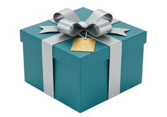 Teal gift box with silver ribbon and gold tag isolated, present for birthday or Christmas in PNG format for graphic design use