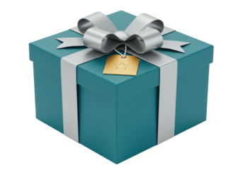 Teal gift box with silver ribbon and gold tag isolated, present for birthday or Christmas in PNG format for graphic design use