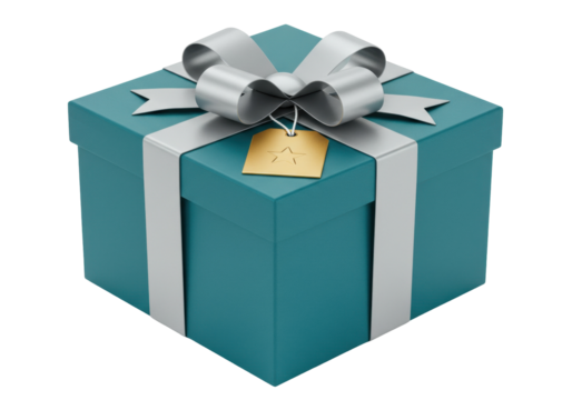 Teal gift box with silver ribbon and gold tag isolated, present for birthday or Christmas in PNG format for graphic design use