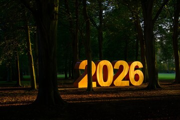 Glowing 2026 sign in forest with trees at night