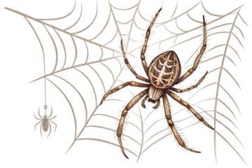 Hand-drawn spider hanging from spiderwebs in a brush stroke style, isolated on a transparent background (PNG). Perfect graphic element for Halloween decorations, spooky designs, posters, invitations, 