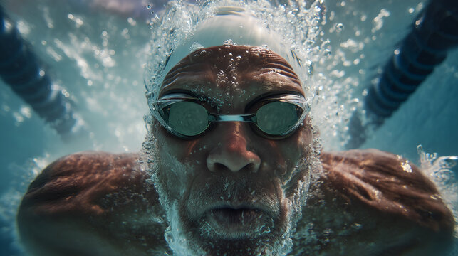 Underwater Swimmer Mid-Stroke with Bubbles and Lane Dividers