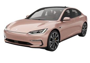 Rose gold electric car isolated on transparent background, modern sedan vehicle for eco-friendly transportation and automotive design PNG