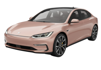 Rose gold electric car isolated on transparent background, modern sedan vehicle for eco-friendly transportation and automotive design PNG