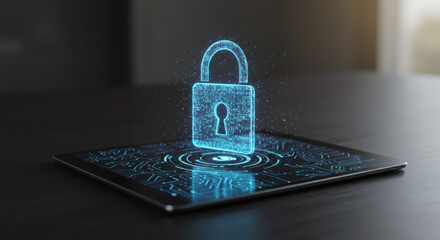 Glowing blue digital padlock icon emerging from a tablet screen, symbolizing advanced cybersecurity, data protection, and secure online access in the modern digital landscape