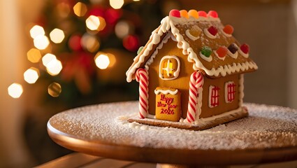 Gingerbread house with candy decorations on wooden table