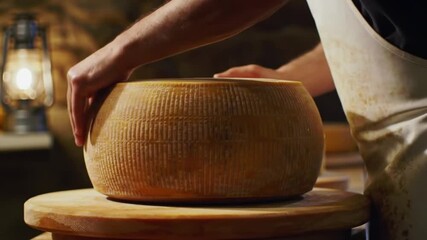 Artisan cheese maker carefully shaping a large wheel of cheese in a rustic workshop with warm lighting
