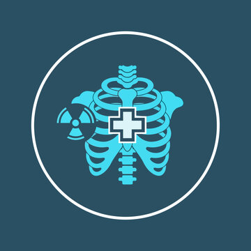 Graphic vector icon of a human rib cage with a medical cross and radiation symbol, representing essential concepts of medical diagnostics, radiology procedures, and health technology