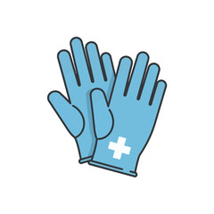Obraz premium Pair of blue medical gloves with a white cross, symbolizing essential personal protective equipment for healthcare professionals, promoting hygiene, safety, and infection control in medical settings