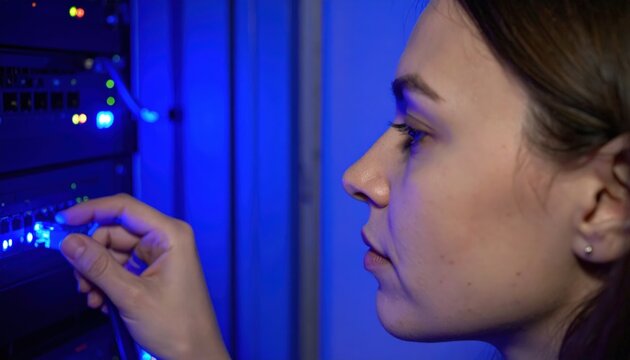 Female network engineer connecting cables in server rack — data center infrastructure and maintenance