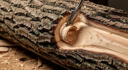 Artisan skillfully carving wood log with specialized hand chisel tool