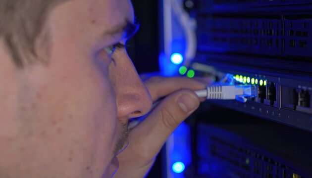 Network technician plugging RJ45 into switch — server room connectivity and diagnostics