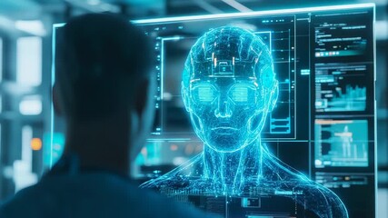 Developer analyzing artificial intelligence human head hologram on screen - Powered by Adobe
