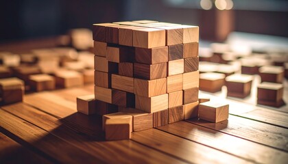 Wooden block structure on a wooden surface