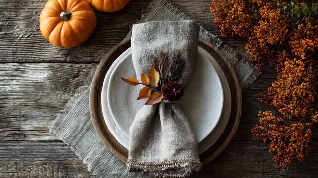 Rustic autumn table setting with ceramic plates, linen napkin, and seasonal foliage decor on a wooden background. Cozy fall atmosphere perfect for Thanksgiving or harvest celebrations