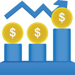 Financial growth chart with dollar coins and upward trend arrow symbolizing investment success and profit
