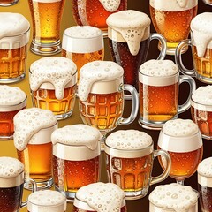 Refreshing Beer Collection - A Variety of Foamy Brews in Mugs and Glasses.