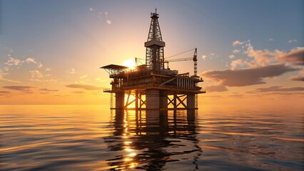 Offshore oil rig platform in ocean at sunset
