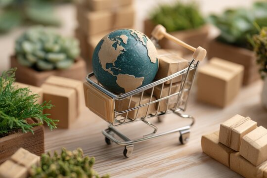 A miniature shopping cart holds the Earth & cardboard boxes with greenery scattered around on wood - Powered by Adobe