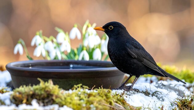 A black bird perches by a water bowl, snowdrops in the background
