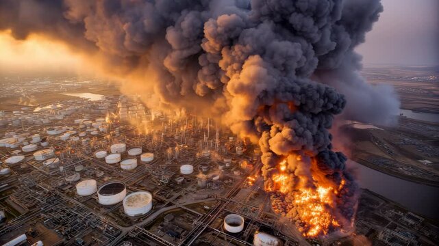 Massive Industrial Fire Erupts at Oil Refinery Complex Sending Black Smoke Plumes into the Golden Hour Sky