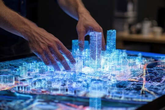 Hands interacting with a futuristic, glowing, digital cityscape model on a table