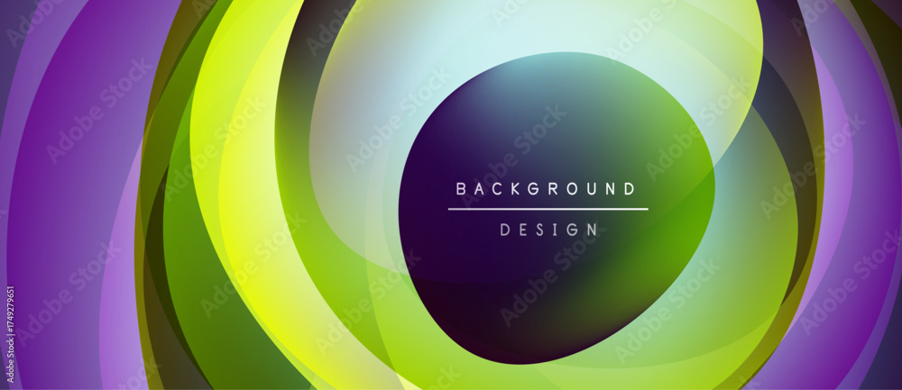 Wall mural abstract design features vibrant concentric circles. purple, green, blue hues create dynamic visual 