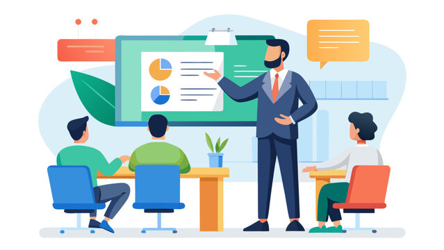 A man is giving a presentation to a group of people in a conference room. The man is standing in front of a green board with a presentation on it. There are four people in the room