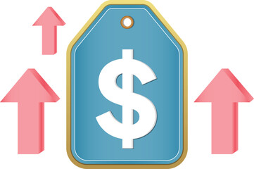 Price tag with dollar symbol surrounded by upward arrows indicating price increase and economic growth