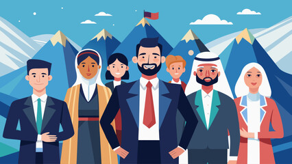 A group of people are standing together in a business setting. They are all dressed in suits and ties, and there is a mountain in the background. Scene is professional and serious