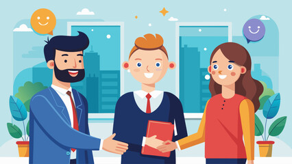 A man shakes hands with a woman in a red shirt. The woman is holding a red book. The man is smiling and the woman is smiling. Scene is friendly and positive