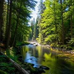 Obraz premium Serene River Flowing Through Lush Green Forest Landscape.