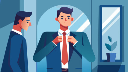 A man is getting ready to tie his tie in front of a mirror. He looks sad and is wearing a suit