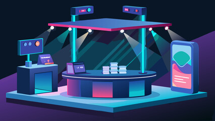 A neon sign with a phone on it. The phone is on a table with a stack of books