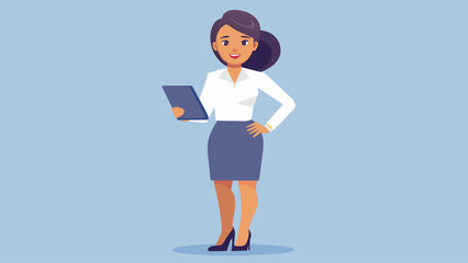 A woman is standing in front of a blue background with a book in her hand. She is wearing a white shirt and blue skirt