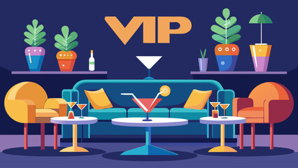 A colorful interior with a large sign that says VIP. There are several couches and chairs, as well as potted plants and a few wine glasses. The atmosphere is lively and inviting